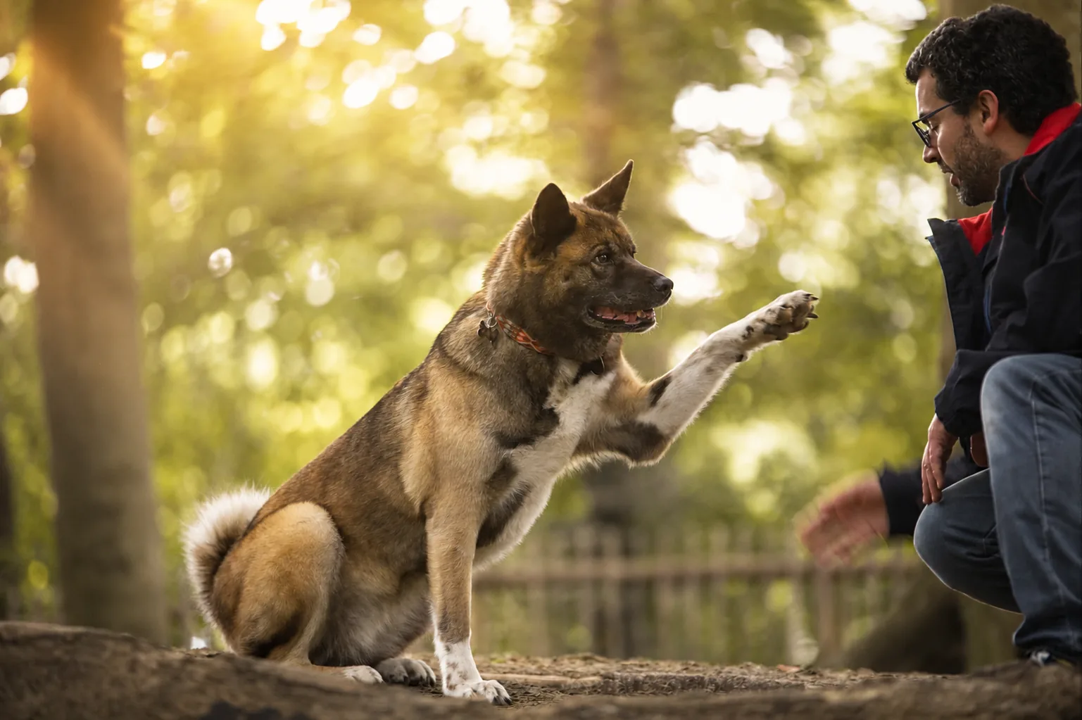 Complicité entre un chien et son humain en forêt