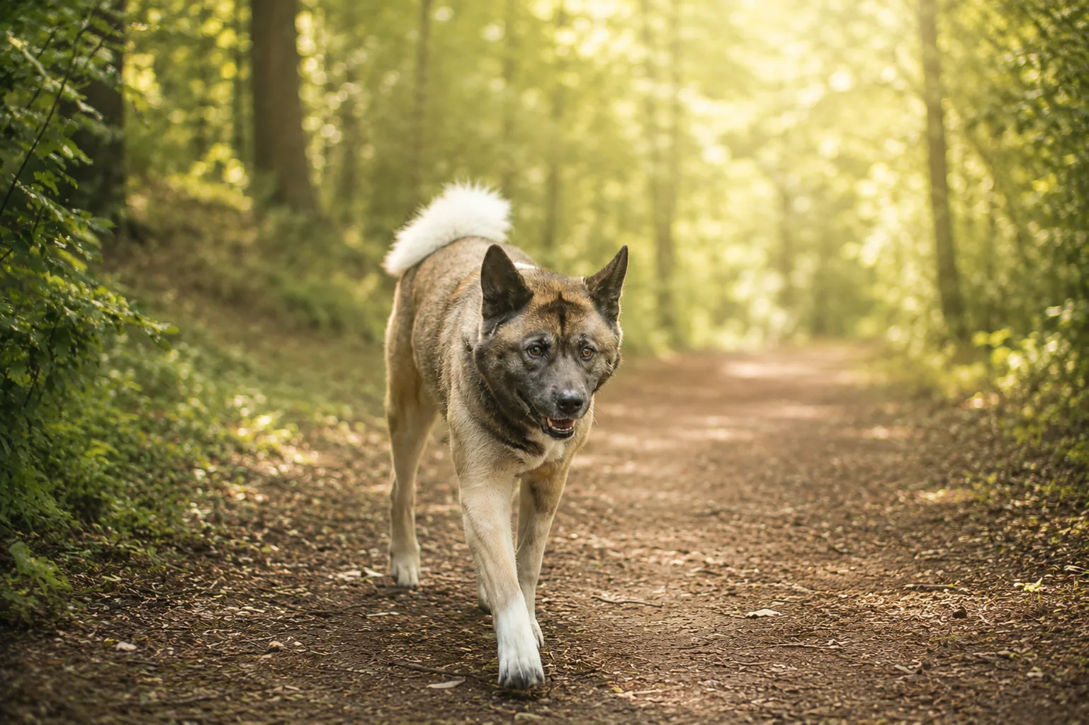 Chien marchant sur un chemin de forêt