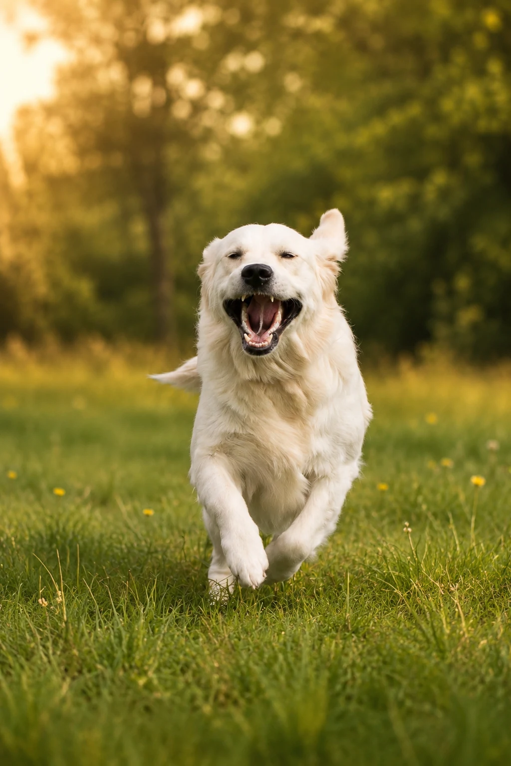 Golden retriever en course dans un champ en lumière dorée